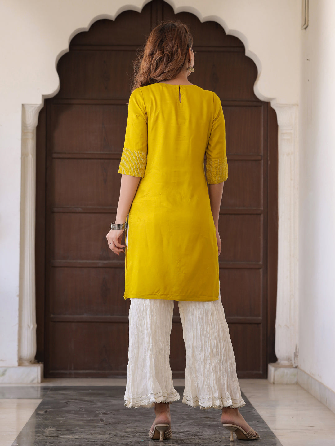Lime Green Solid Straight Silk Crepe Kurta With Palazzo