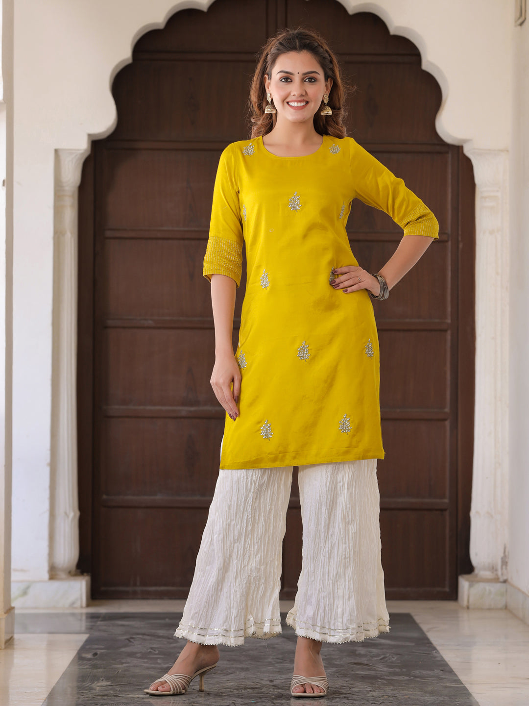 Lime Green Solid Straight Silk Crepe Kurta With Palazzo