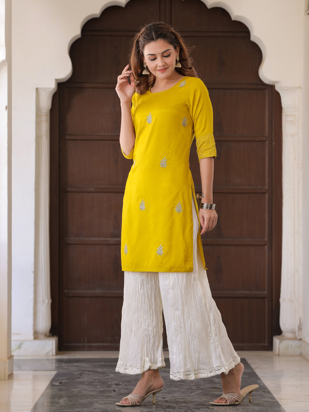 Lime Green Solid Straight Silk Crepe Kurta With Palazzo