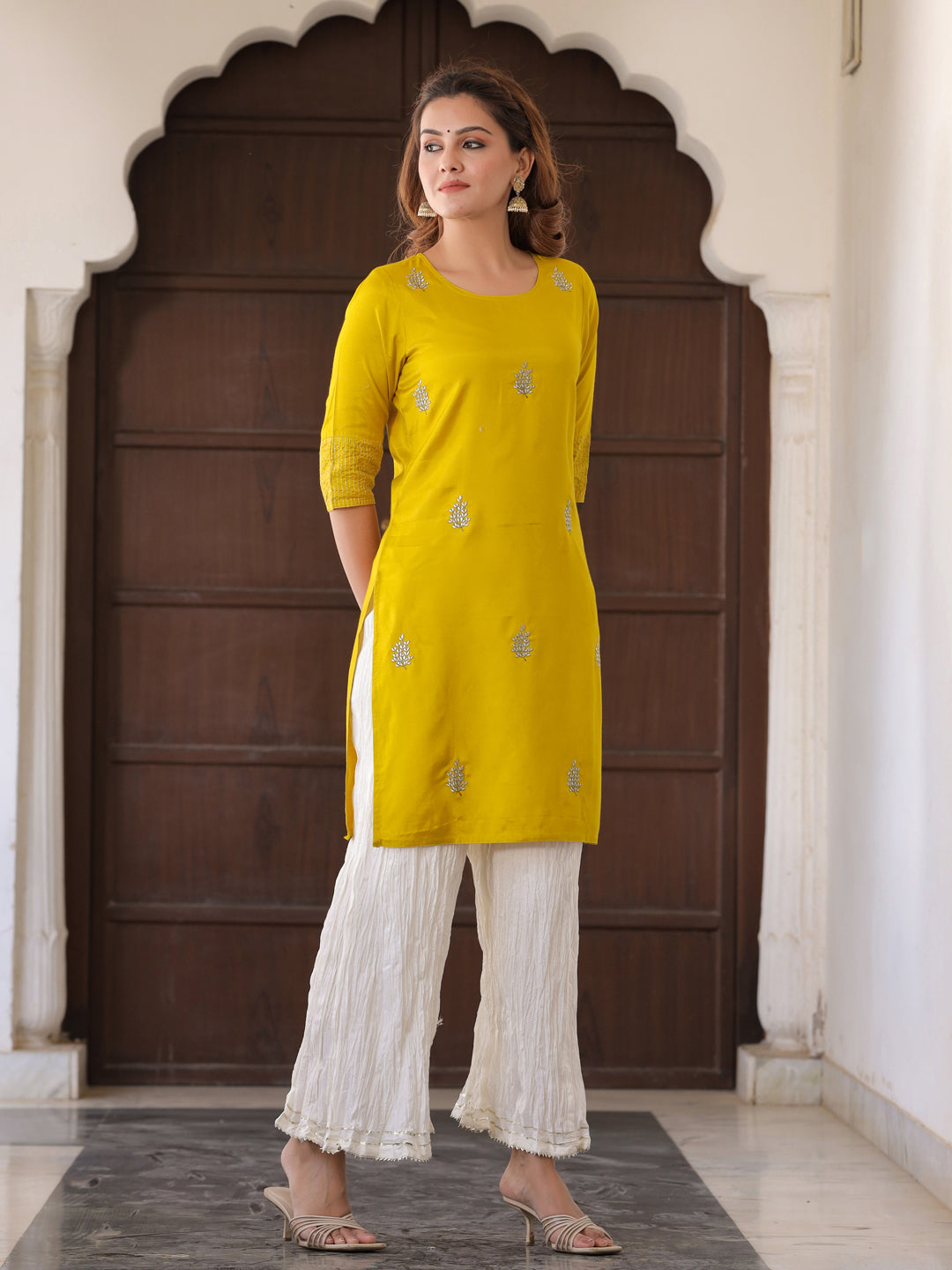 Lime Green Solid Straight Silk Crepe Kurta With Palazzo