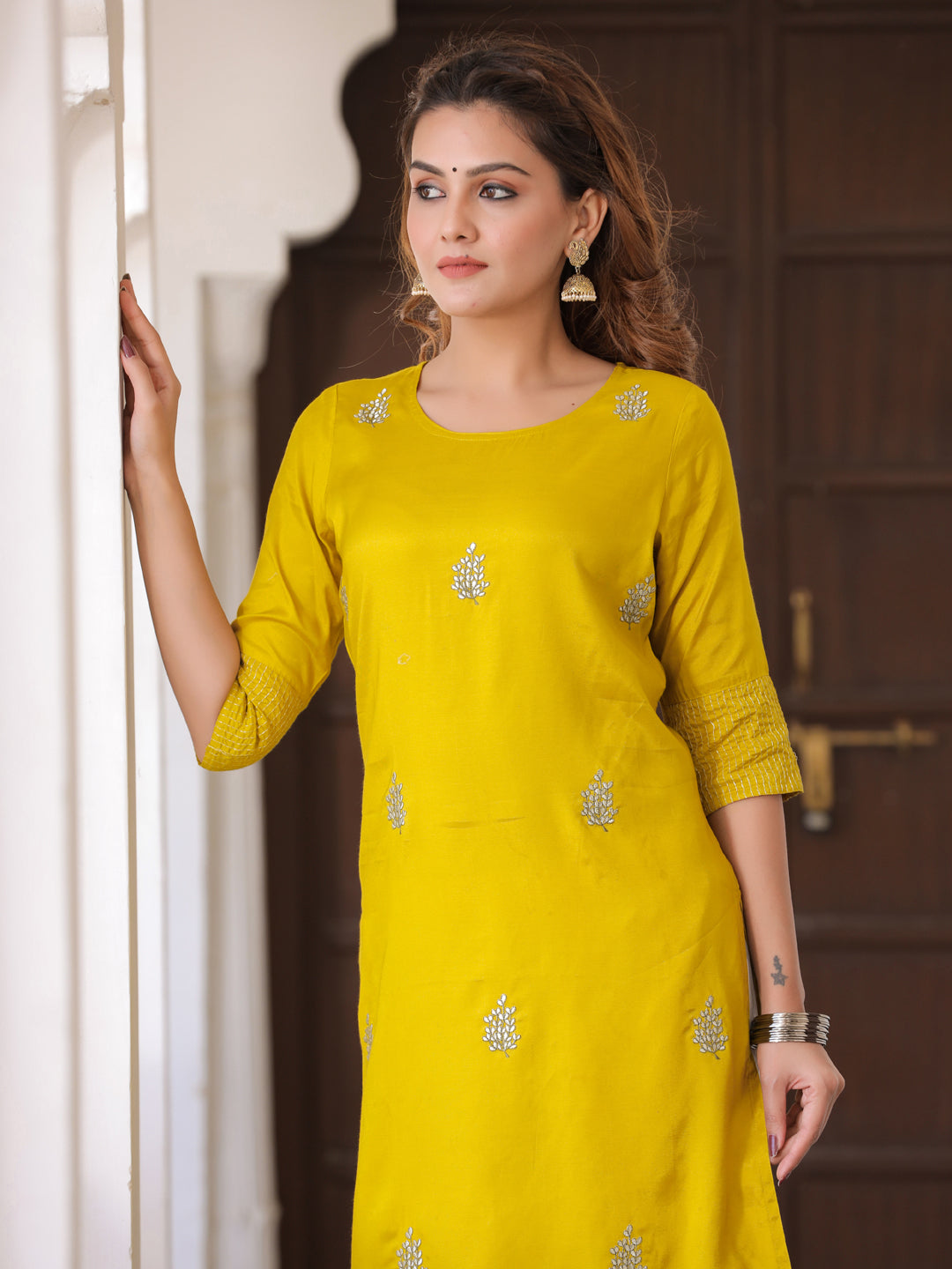 Lime Green Solid Straight Silk Crepe Kurta With Palazzo