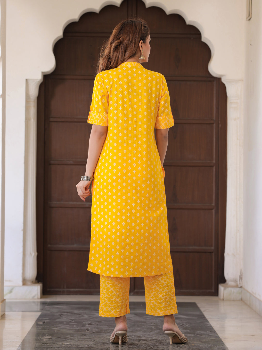 Mustard Yellow Ethnic Motif Straight Cotton Slub Kurta With Palazzo