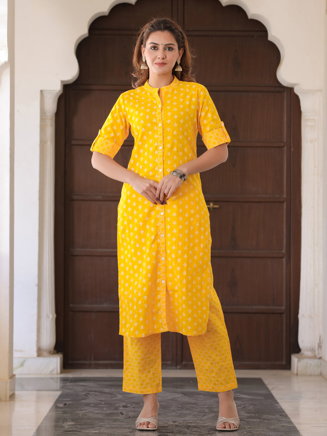 Mustard Yellow Ethnic Motif Straight Cotton Slub Kurta With Palazzo