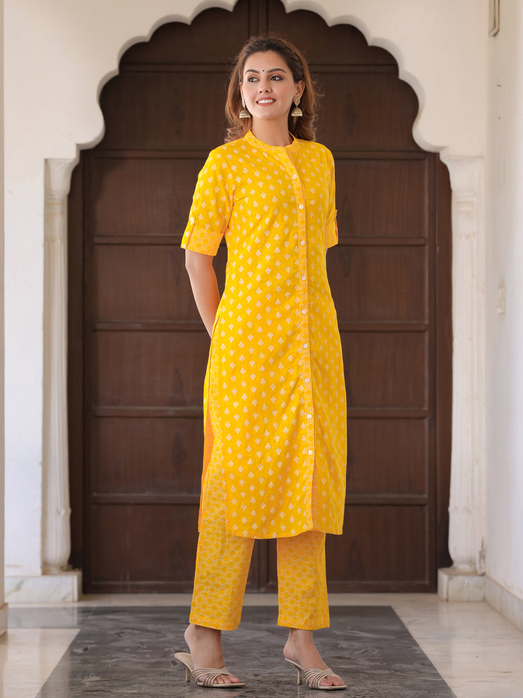 Mustard Yellow Ethnic Motif Straight Cotton Slub Kurta With Palazzo