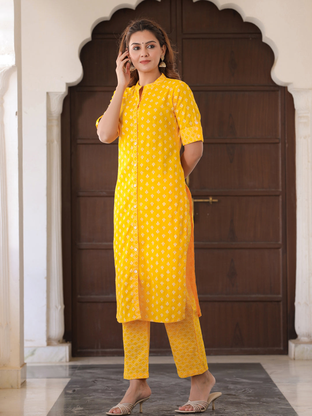 Mustard Yellow Ethnic Motif Straight Cotton Slub Kurta With Palazzo