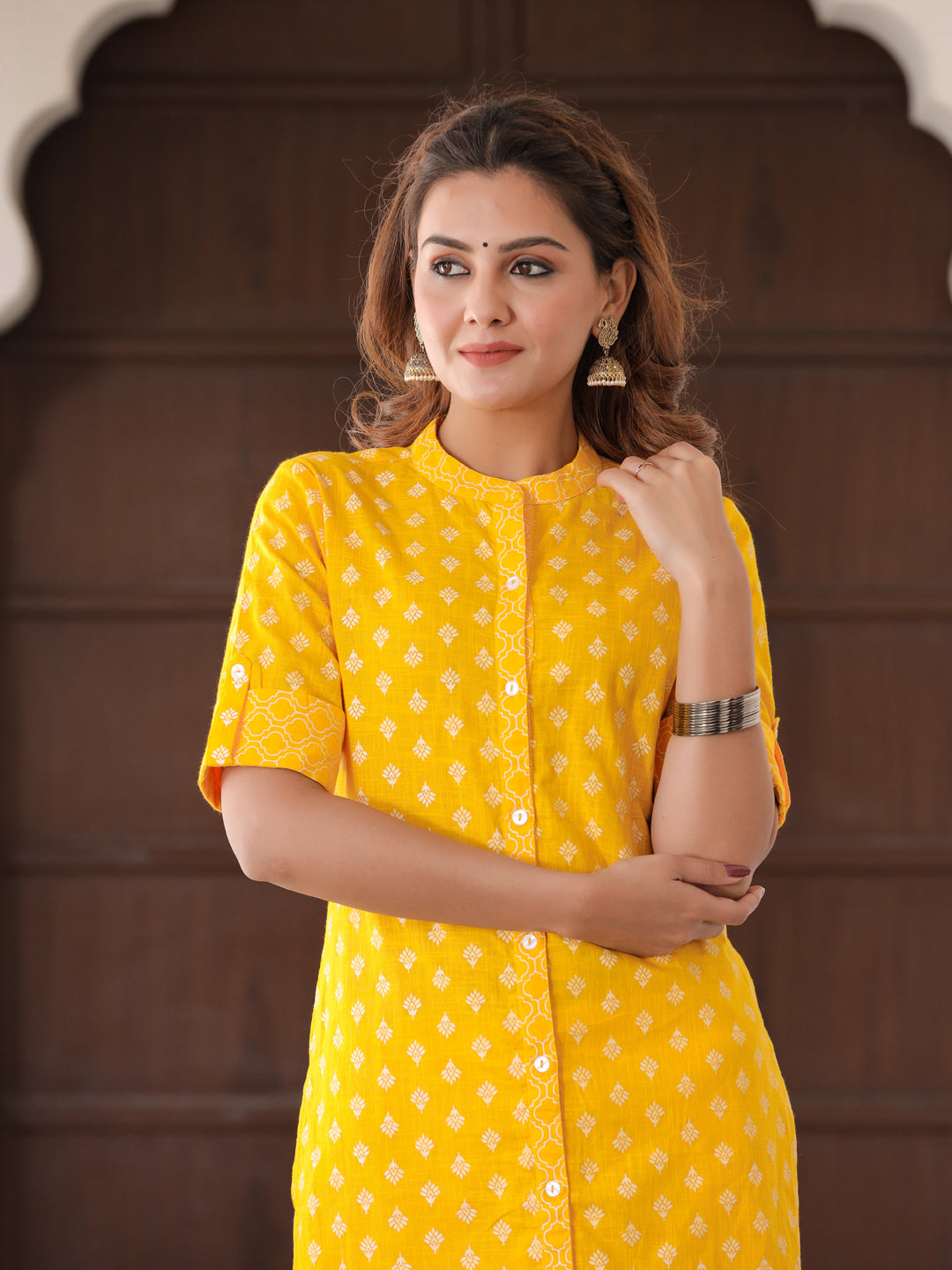 Mustard Yellow Ethnic Motif Straight Cotton Slub Kurta With Palazzo