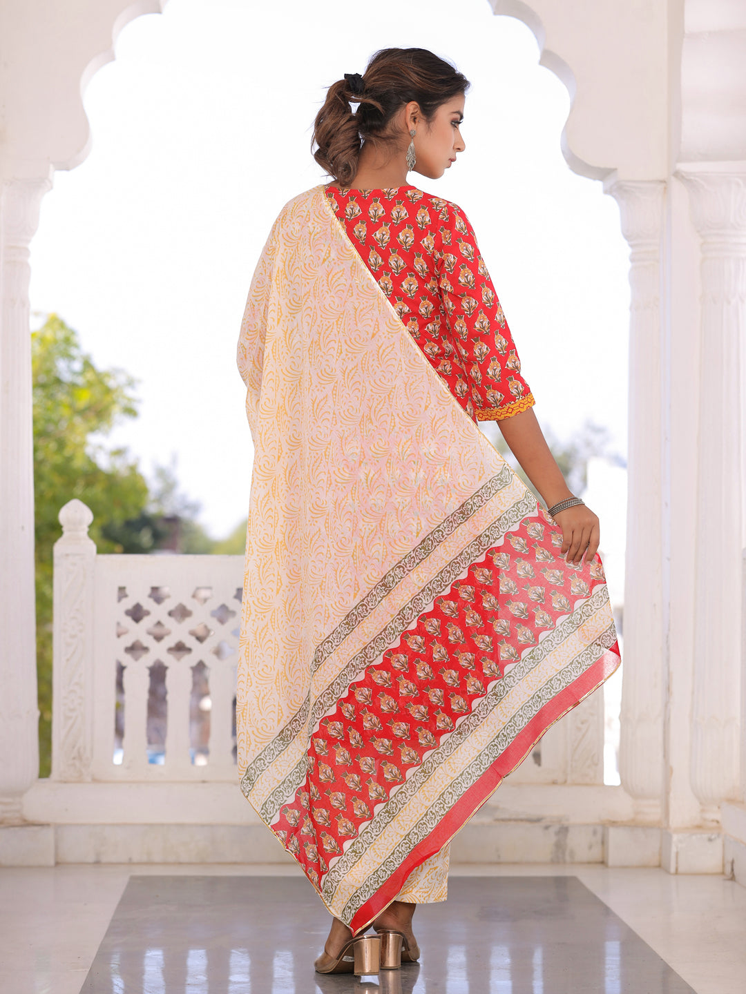 Red Floral Print Cotton Kurta With Palazzos & Dupatta