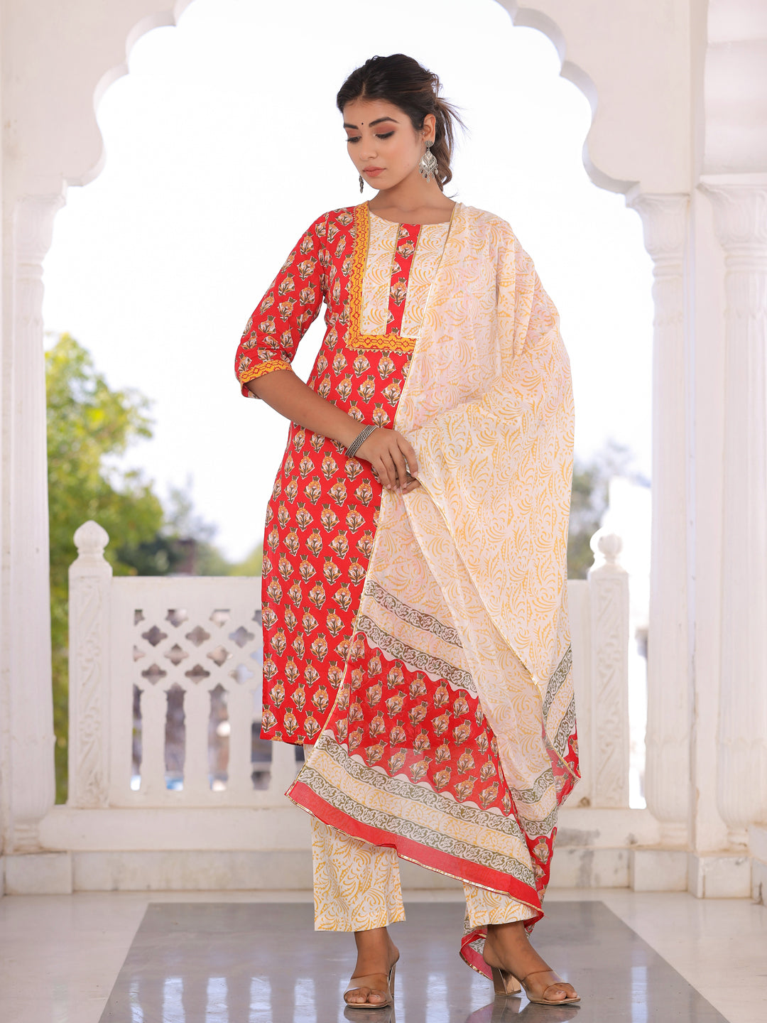 Red Floral Print Cotton Kurta With Palazzos & Dupatta