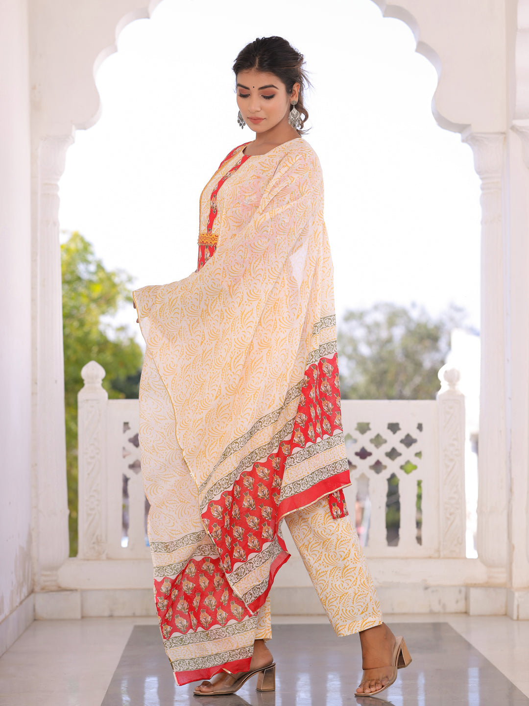 Red Floral Print Cotton Kurta With Palazzos & Dupatta