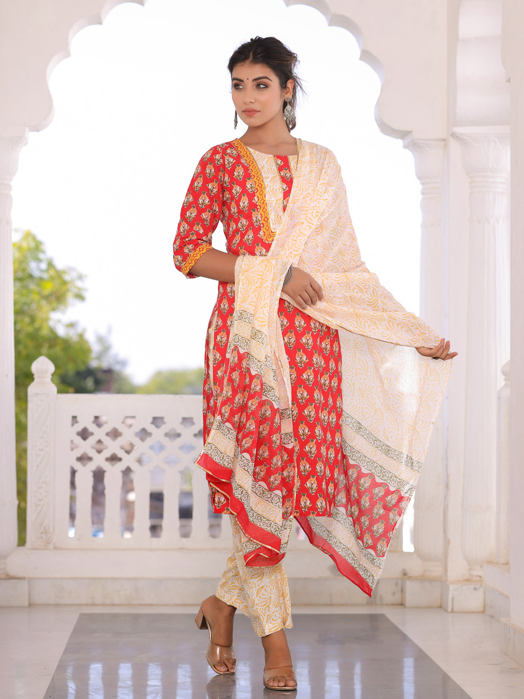 Red Floral Print Cotton Kurta With Palazzos & Dupatta