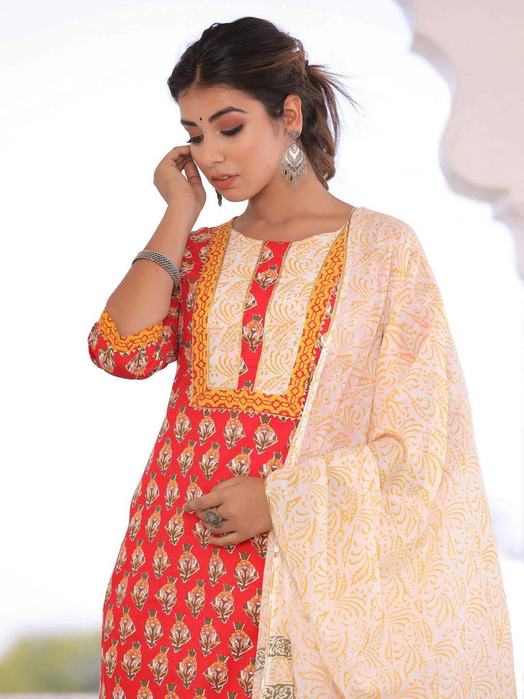 Red Floral Print Cotton Kurta With Palazzos & Dupatta