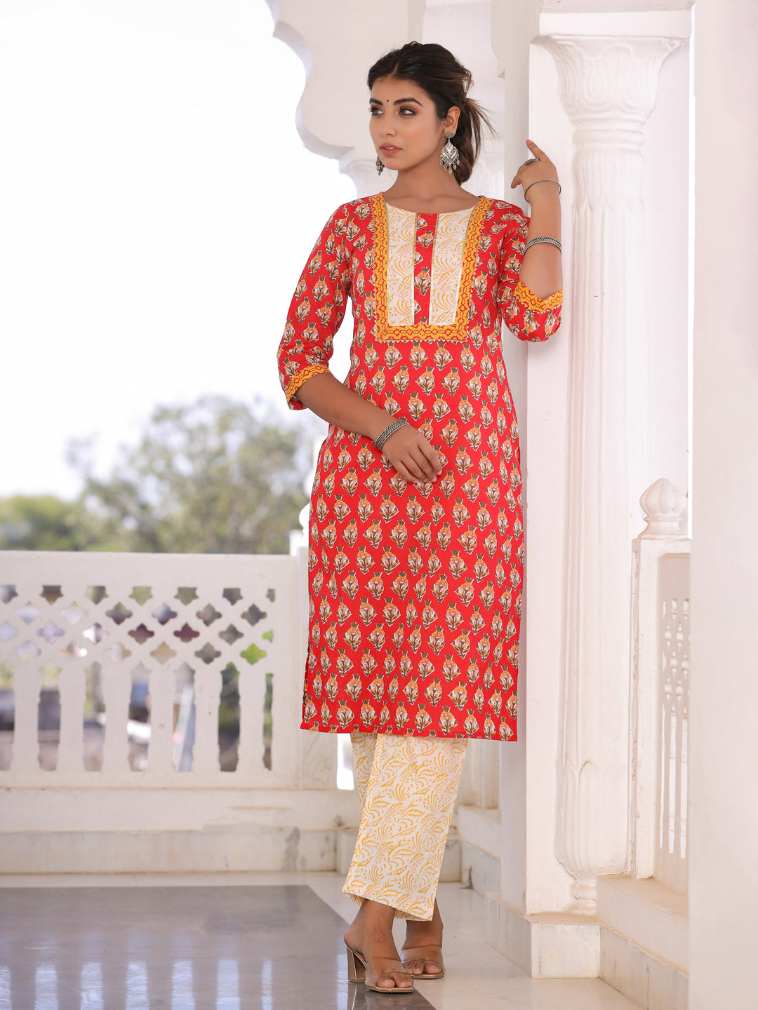 Red Floral Print Cotton Kurta With Palazzos & Dupatta