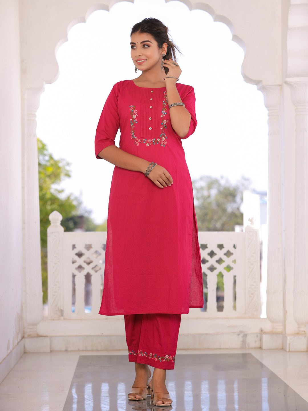 Pink Embroidered Straight Kurta With Palazzos