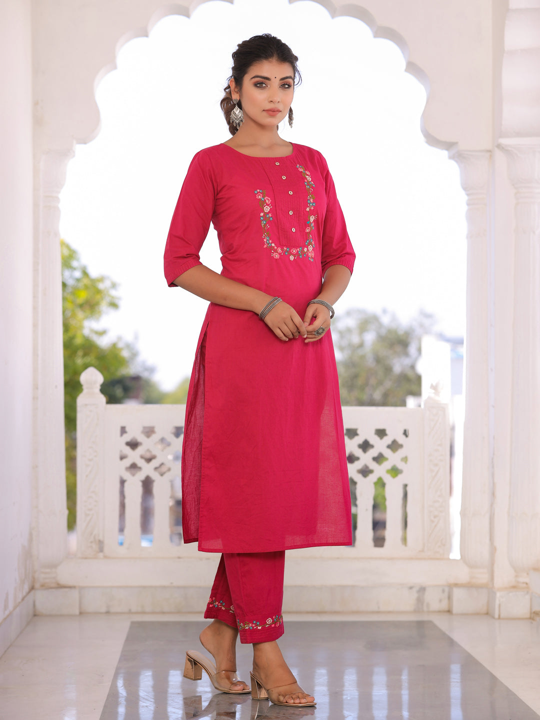 Pink Embroidered Straight Kurta With Palazzos
