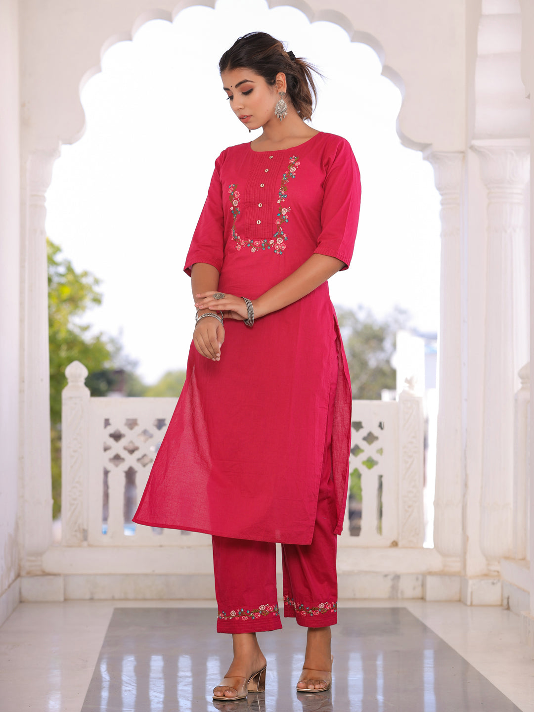 Pink Embroidered Straight Kurta With Palazzos