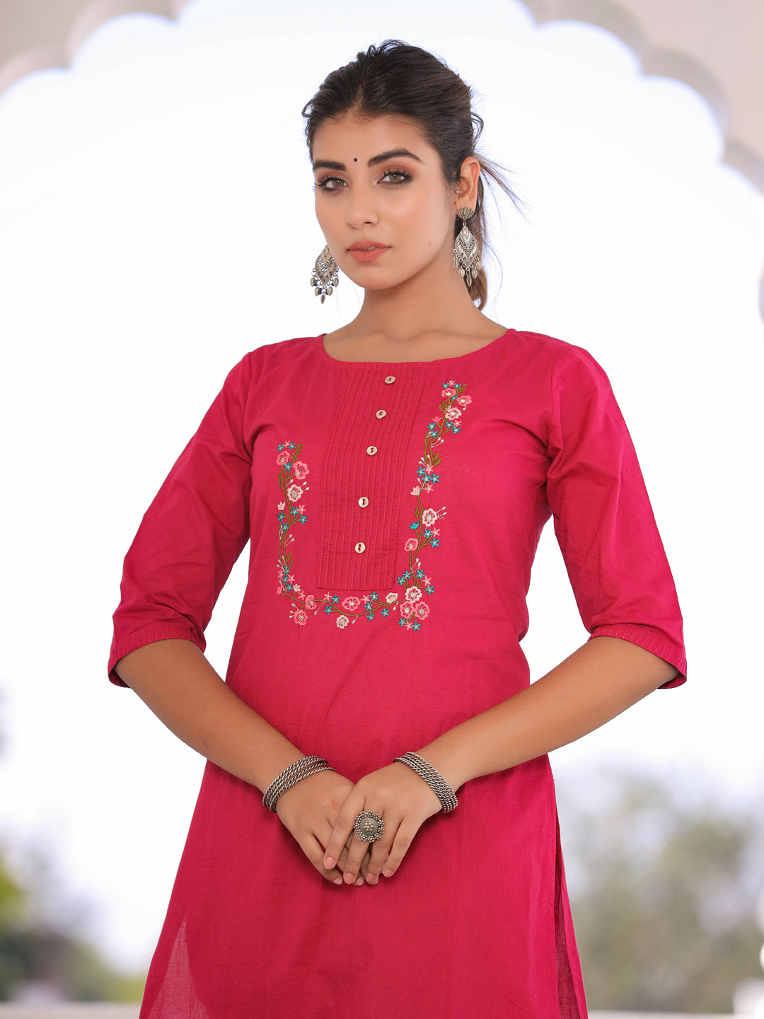 Pink Embroidered Straight Kurta With Palazzos