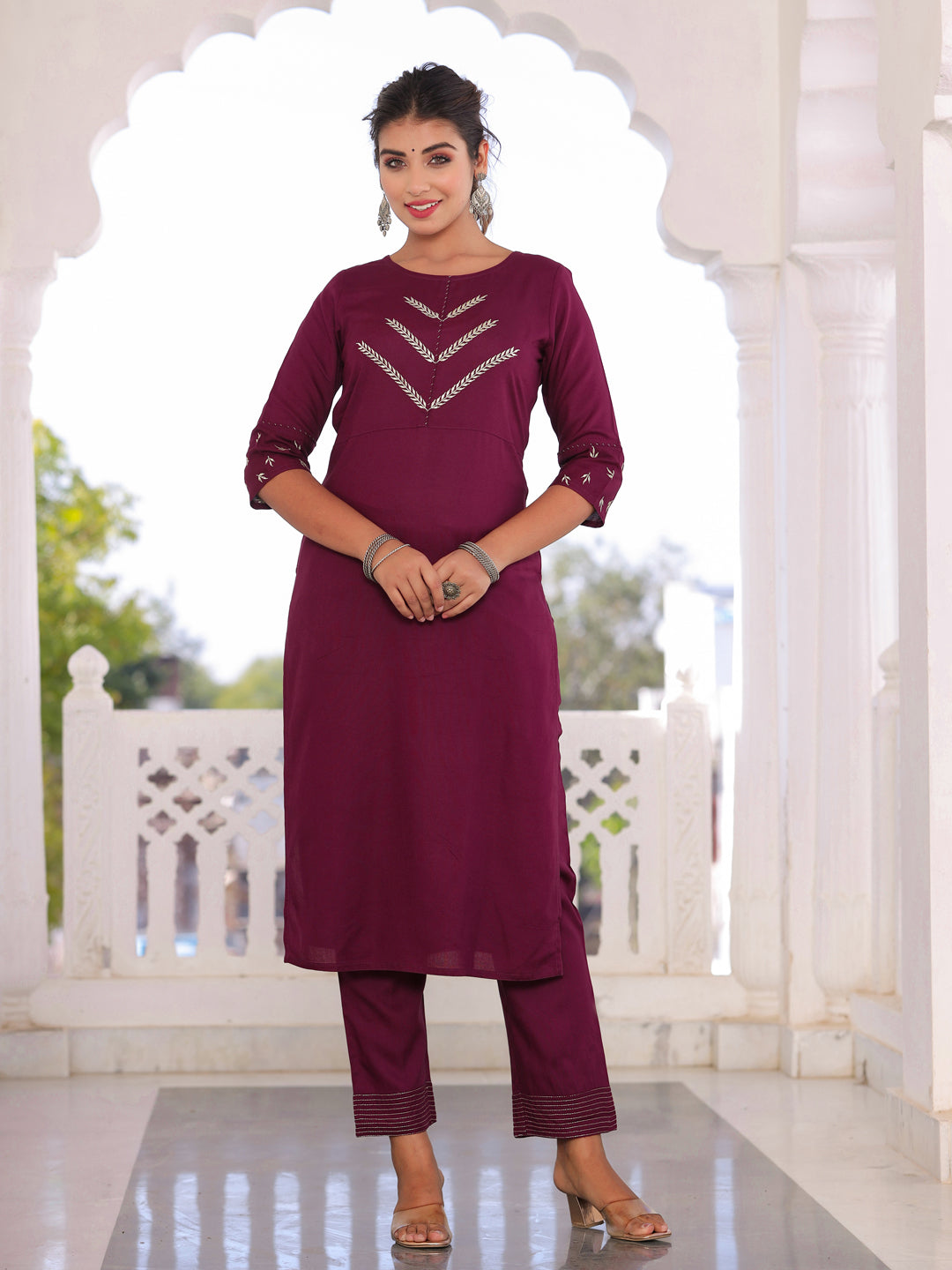Wine Zari Yoke Design Straight Kurta With Palazzos