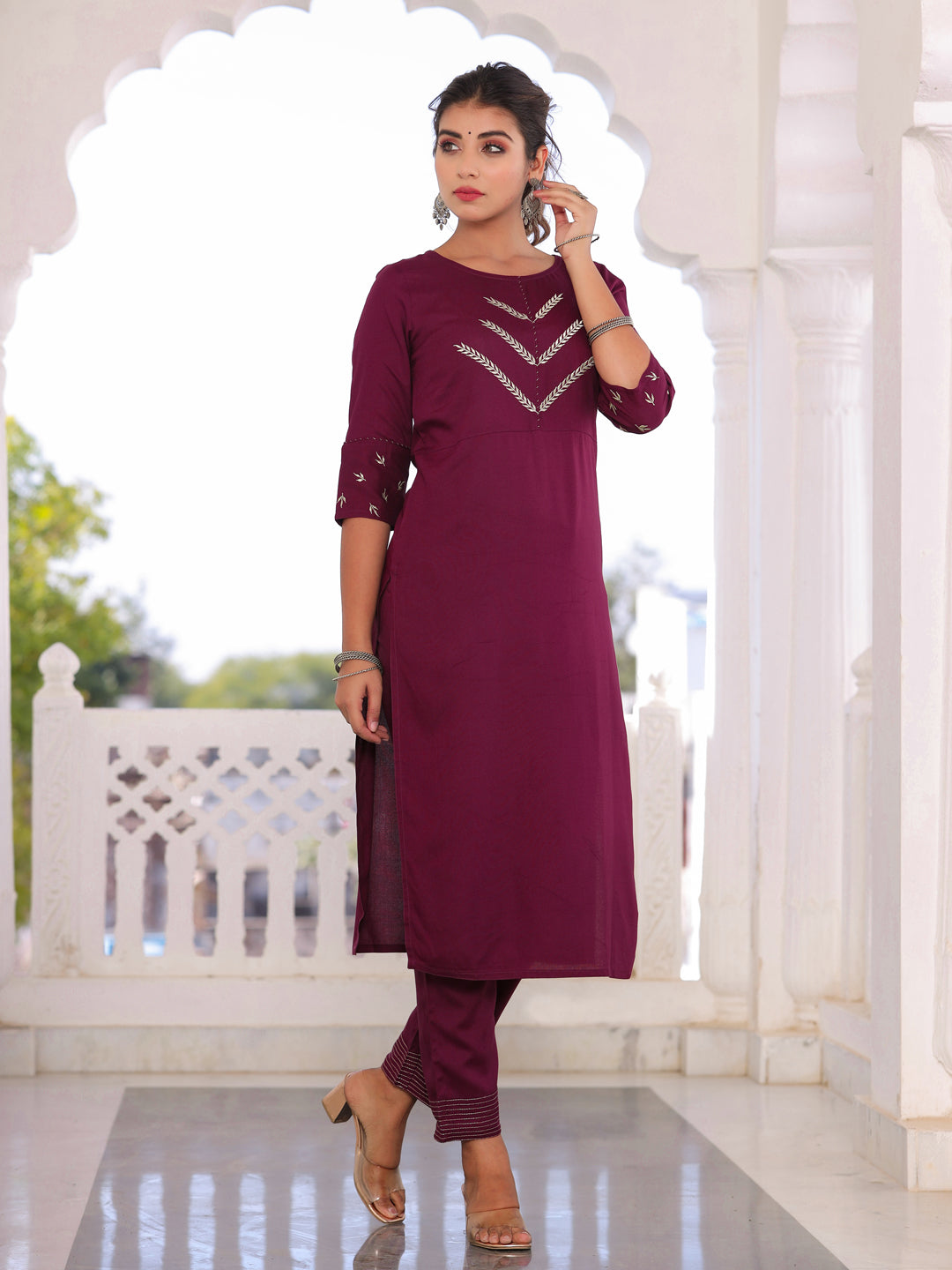 Wine Zari Yoke Design Straight Kurta With Palazzos