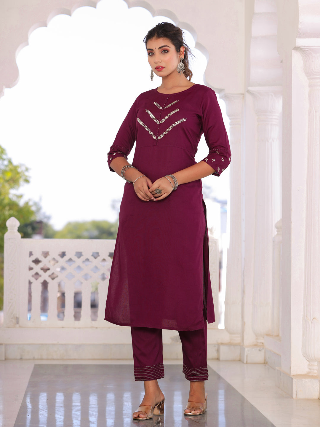 Wine Zari Yoke Design Straight Kurta With Palazzos