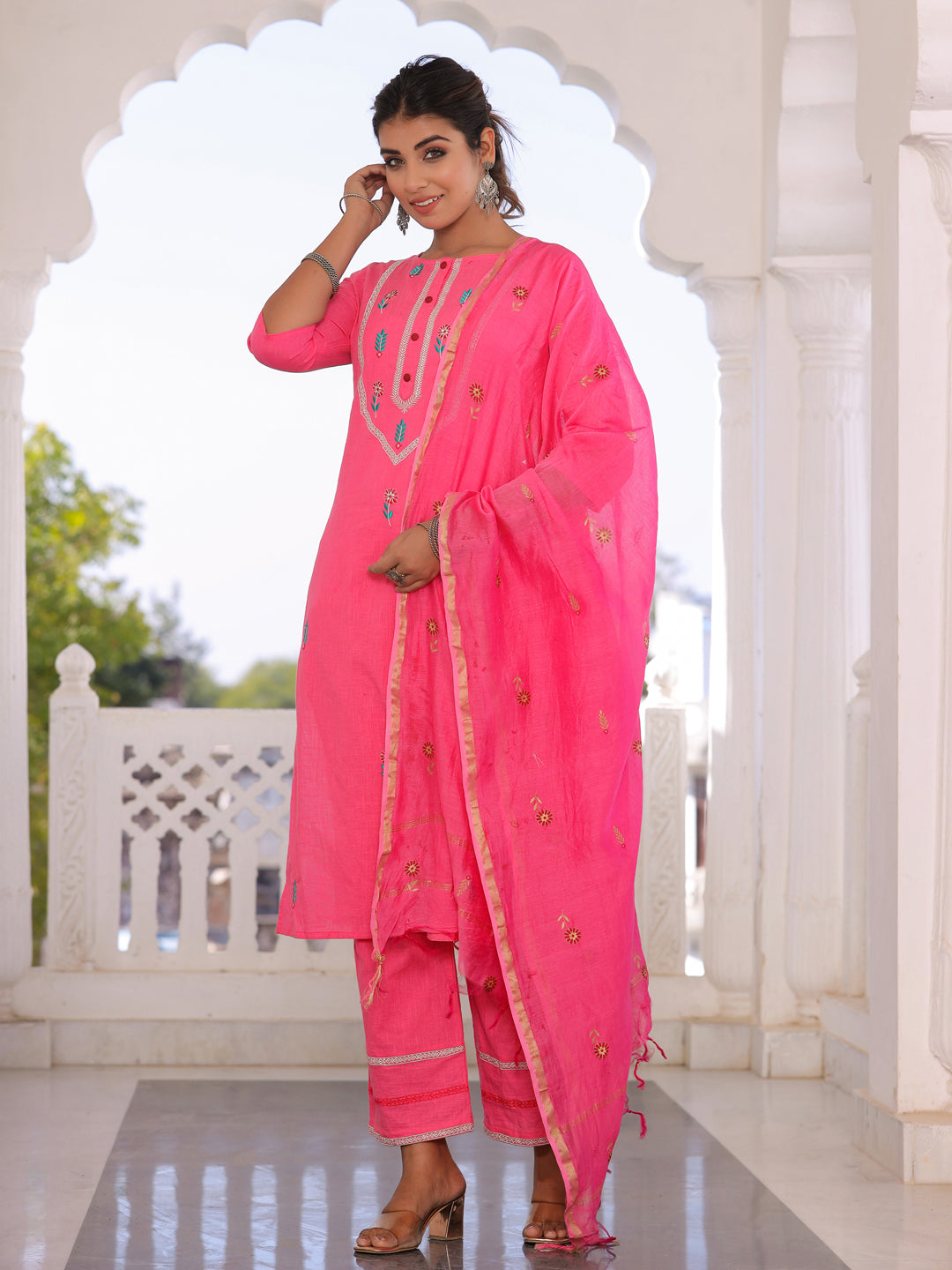 Pink Embroidered Straight Kurta With Palazzo Dupatta