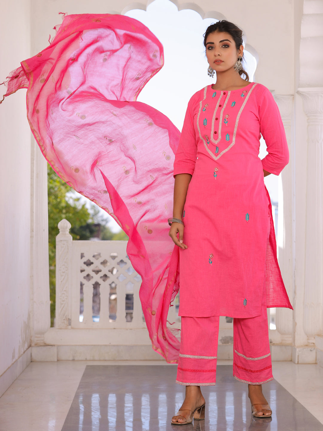 Pink Embroidered Straight Kurta With Palazzo Dupatta