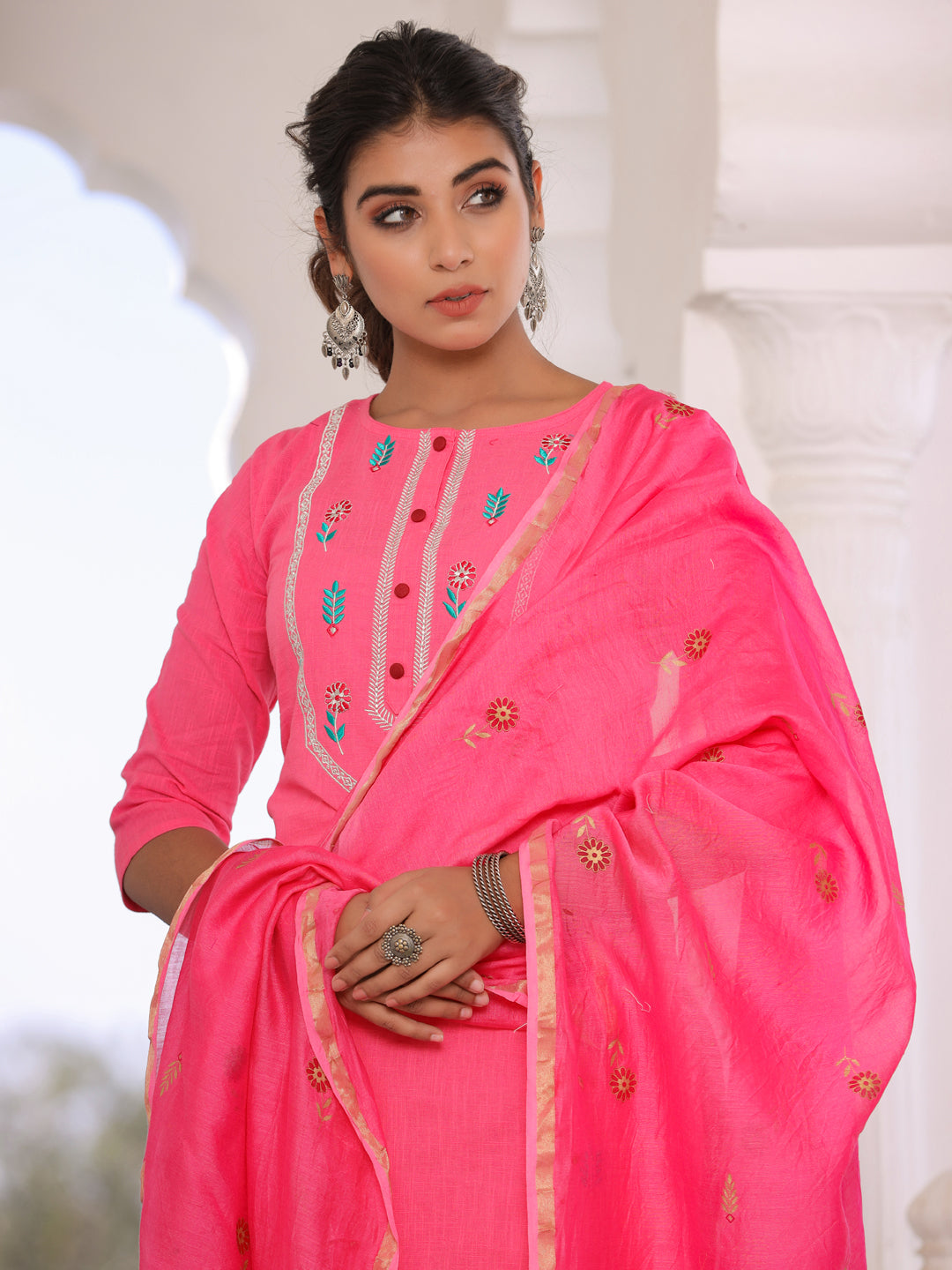 Pink Embroidered Straight Kurta With Palazzo Dupatta
