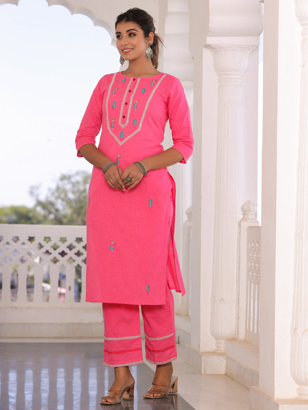 Pink Embroidered Straight Kurta With Palazzo Dupatta