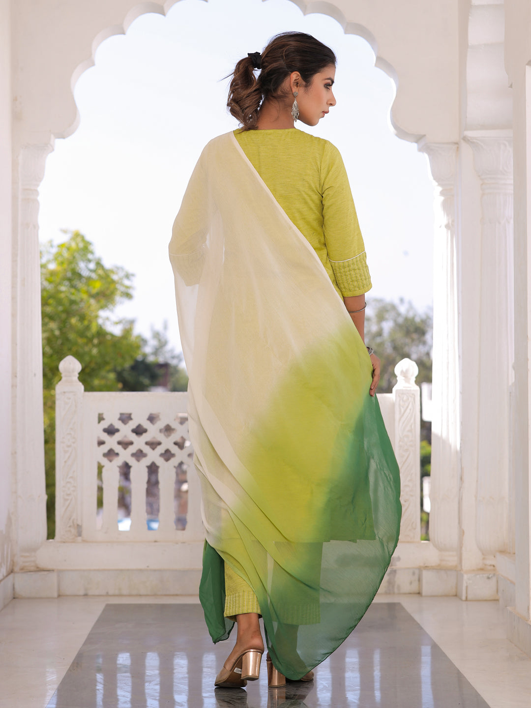 Green Embroidered A Line Cotton Blend Kurta With Palazzo And Dupatta