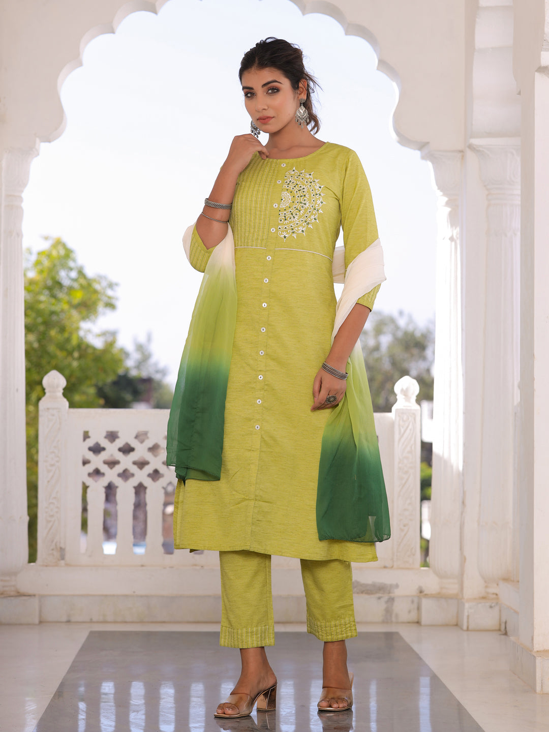 Green Embroidered A Line Cotton Blend Kurta With Palazzo And Dupatta