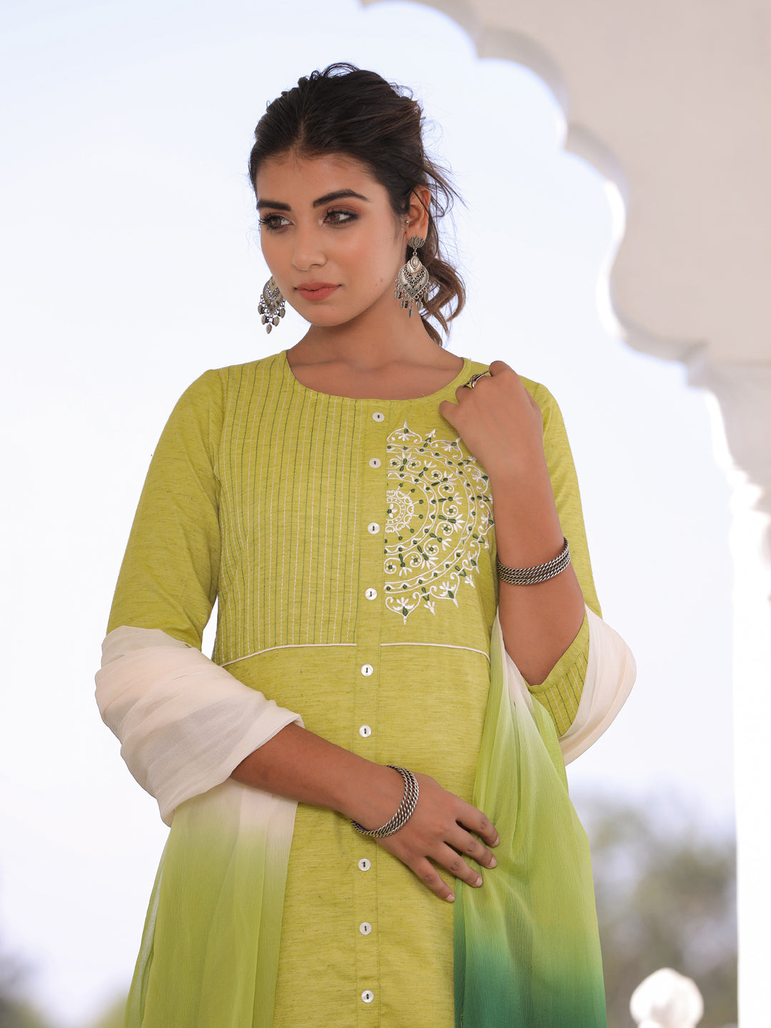 Green Embroidered A Line Cotton Blend Kurta With Palazzo And Dupatta