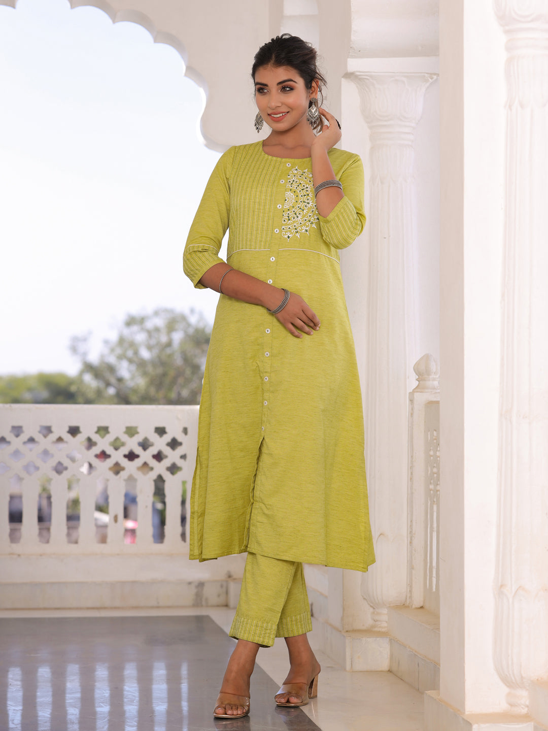 Green Embroidered A Line Cotton Blend Kurta With Palazzo And Dupatta