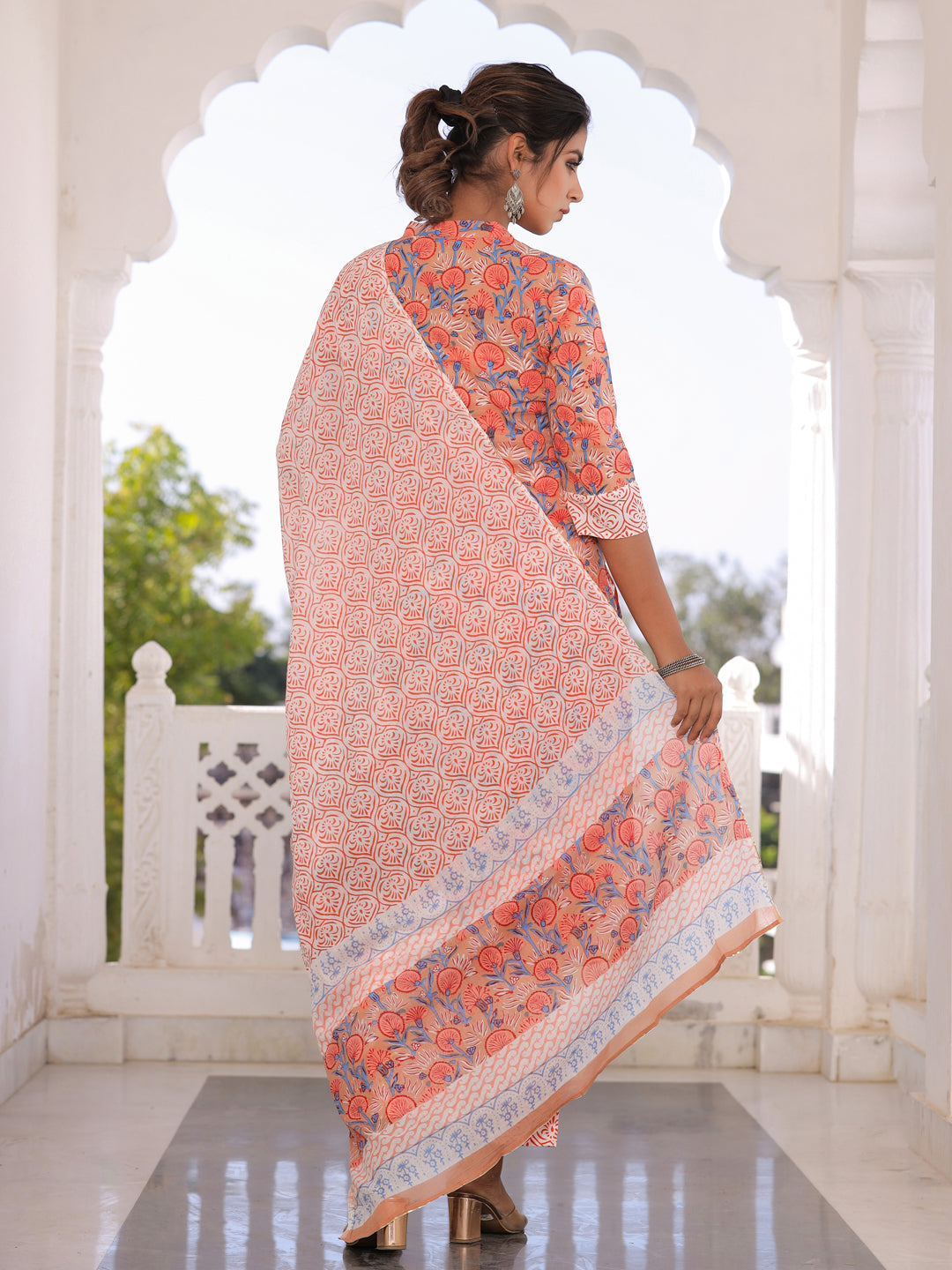 Brown & Orange Floral Print Cotton Kurta With Palazzos & Dupatta