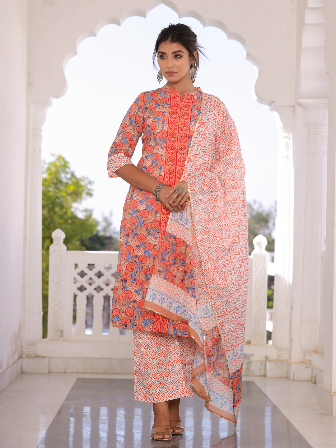 Brown & Orange Floral Print Cotton Kurta With Palazzos & Dupatta