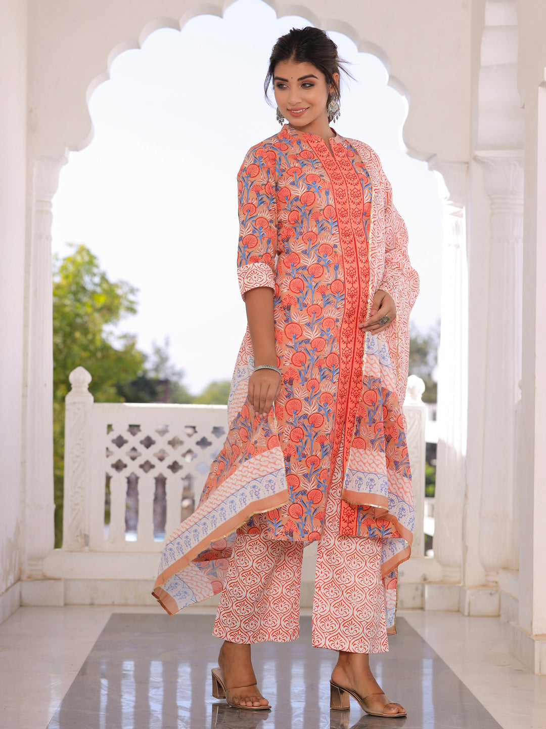Brown & Orange Floral Print Cotton Kurta With Palazzos & Dupatta