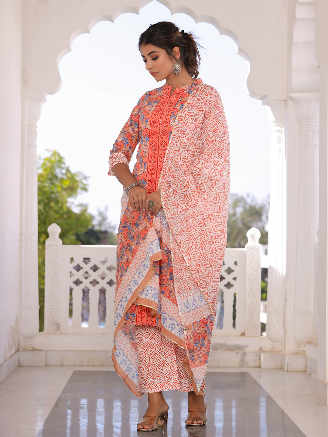 Brown & Orange Floral Print Cotton Kurta With Palazzos & Dupatta