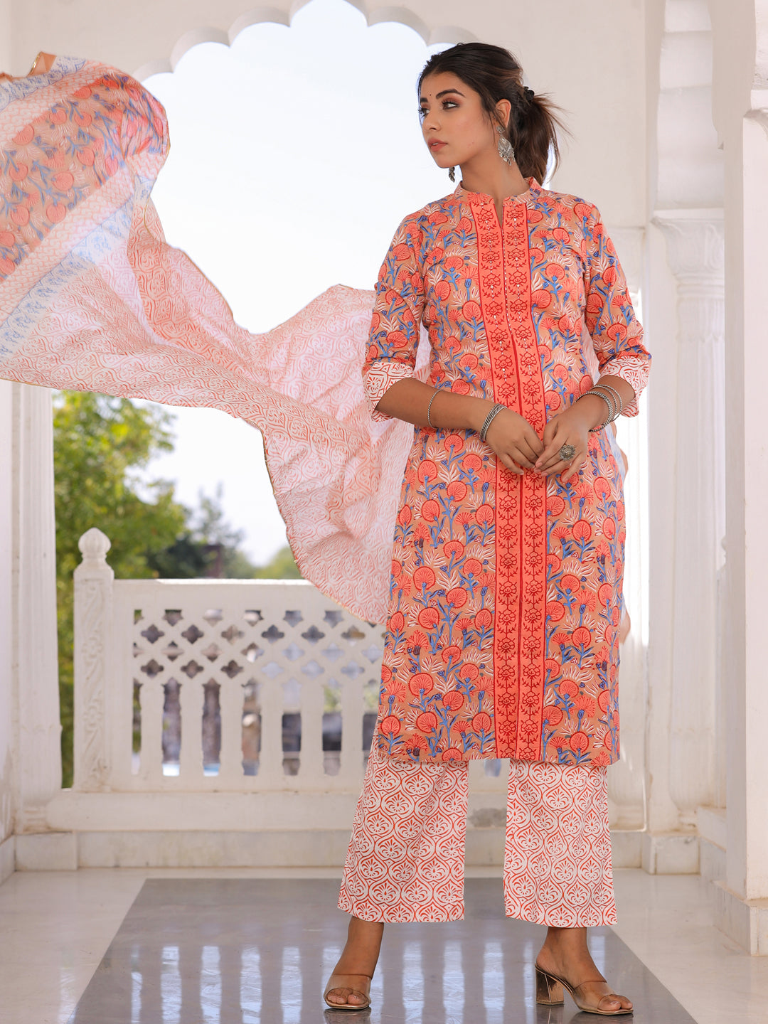 Brown & Orange Floral Print Cotton Kurta With Palazzos & Dupatta