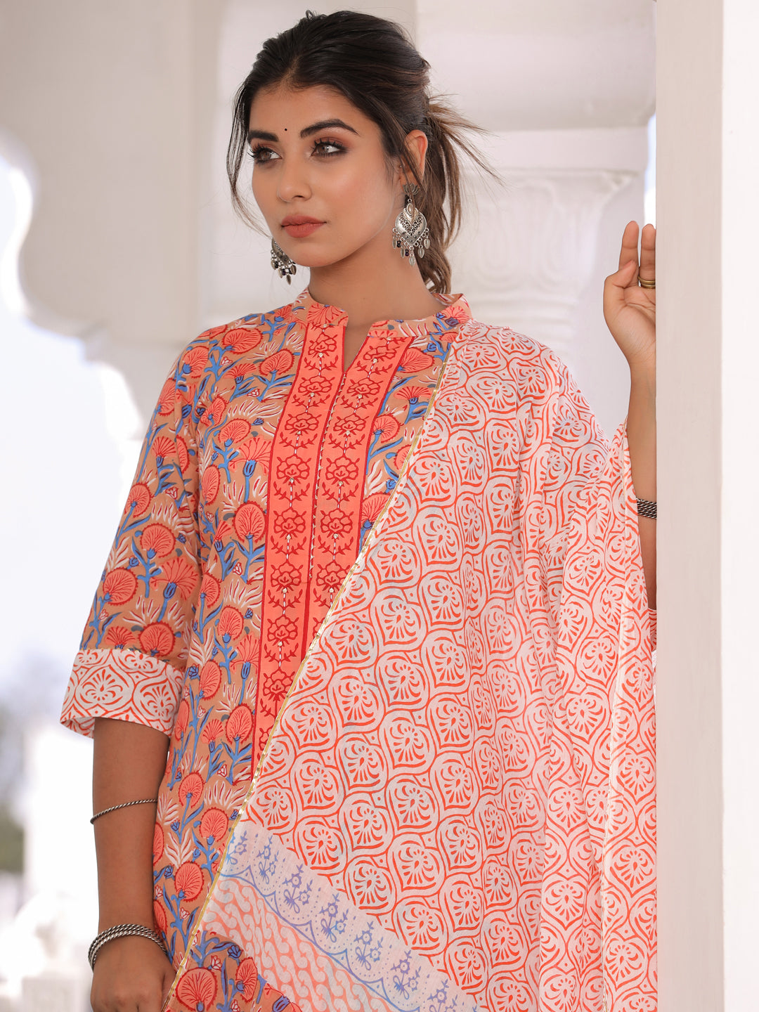 Brown & Orange Floral Print Cotton Kurta With Palazzos & Dupatta