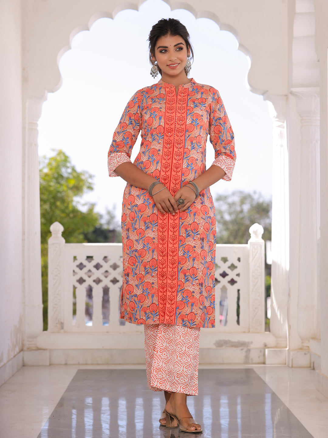Brown & Orange Floral Print Cotton Kurta With Palazzos & Dupatta