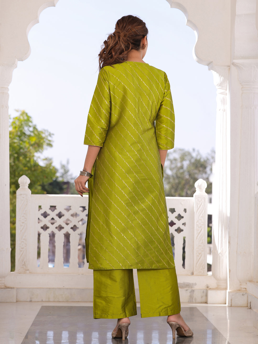 Lime Green Gold Print Kurta With Palazzo