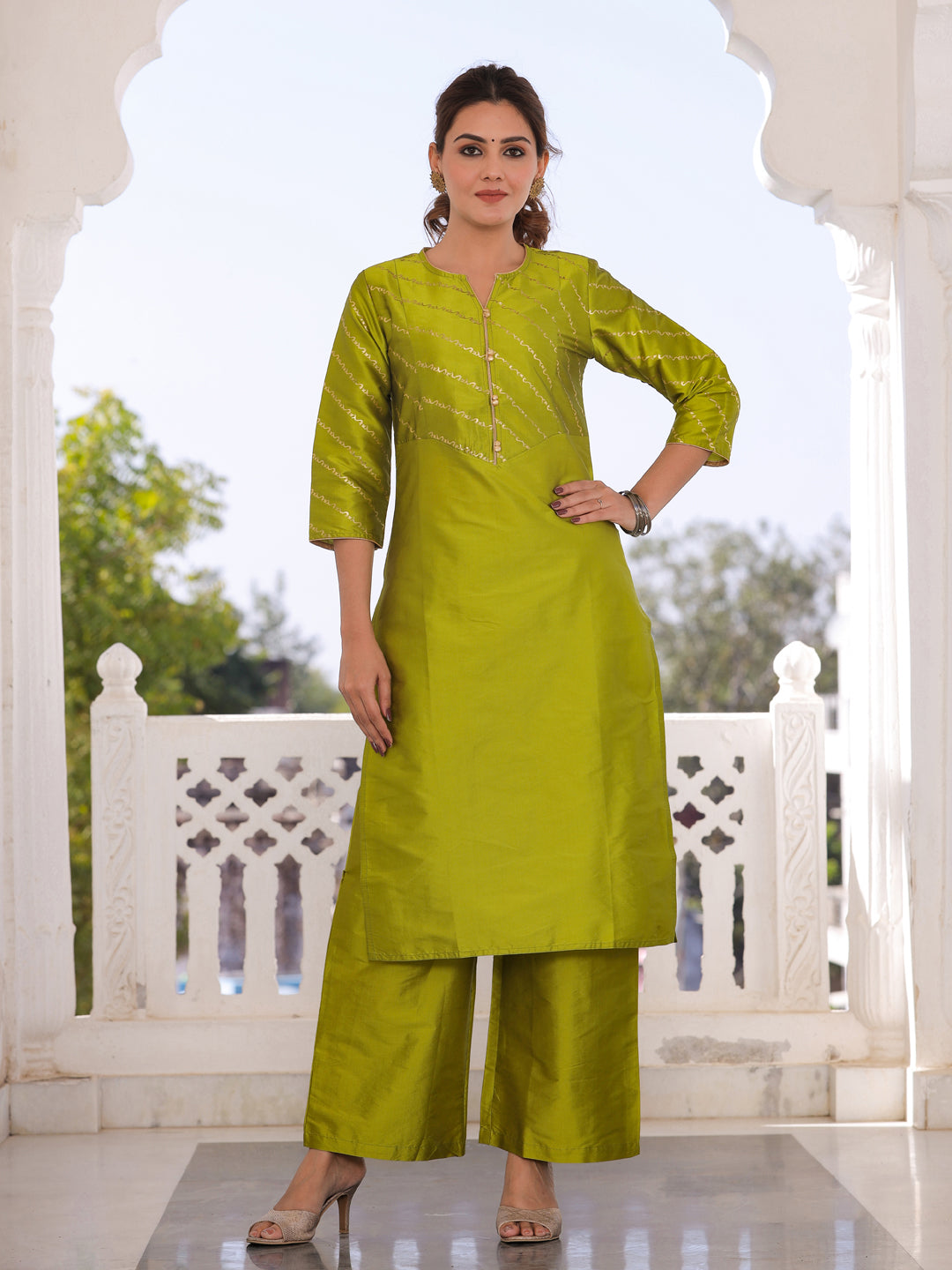 Lime Green Gold Print Kurta With Palazzo