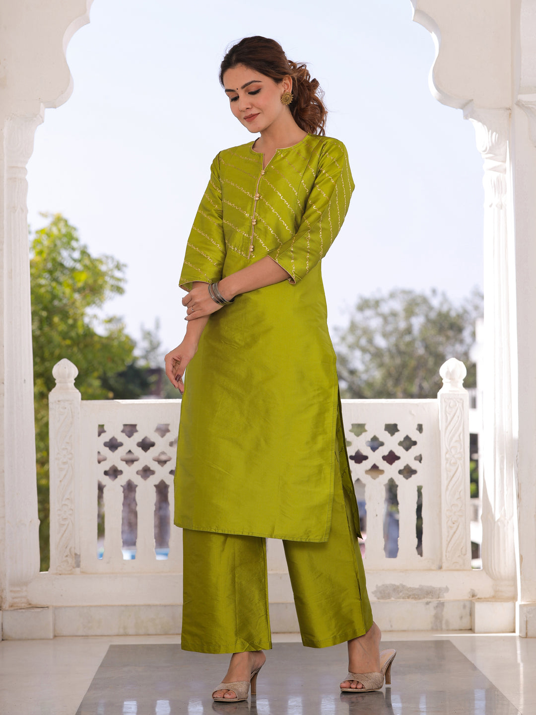 Lime Green Gold Print Kurta With Palazzo