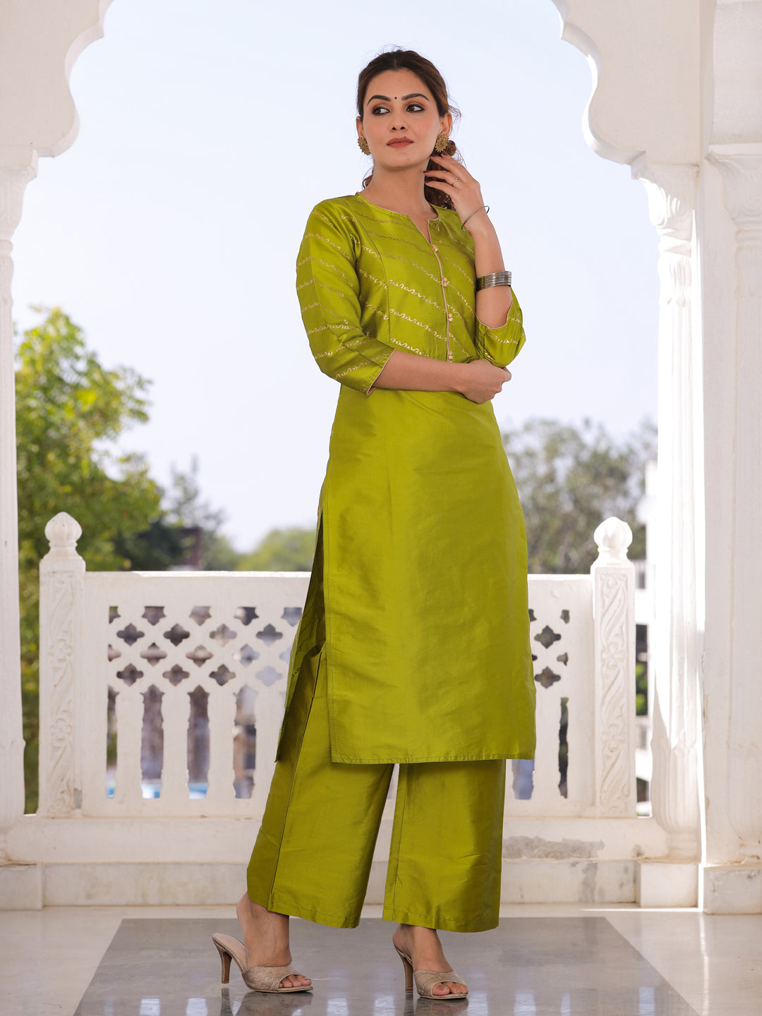 Lime Green Gold Print Kurta With Palazzo