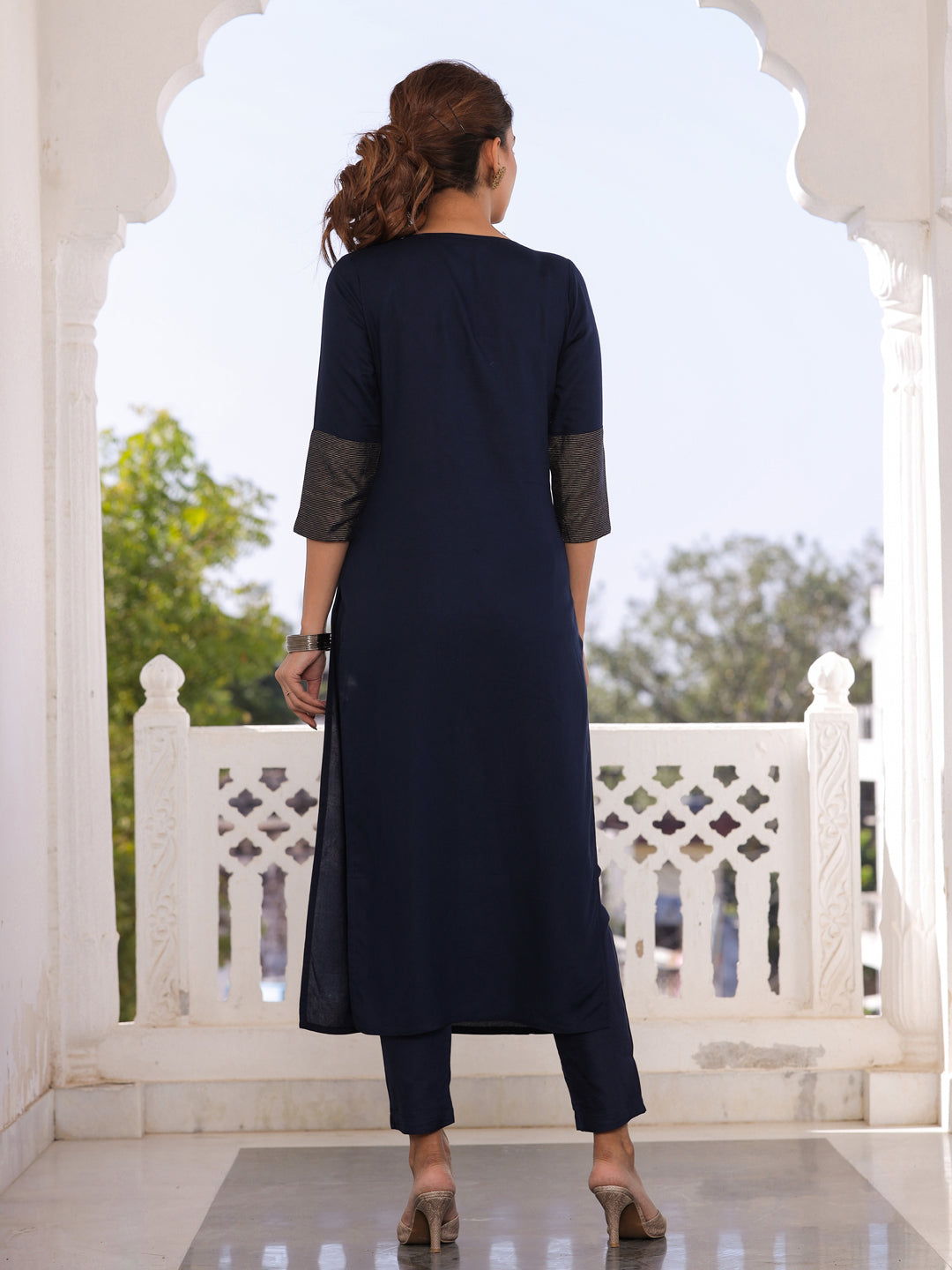 Navy Blue Yoke Embroidered Kurta With Pant
