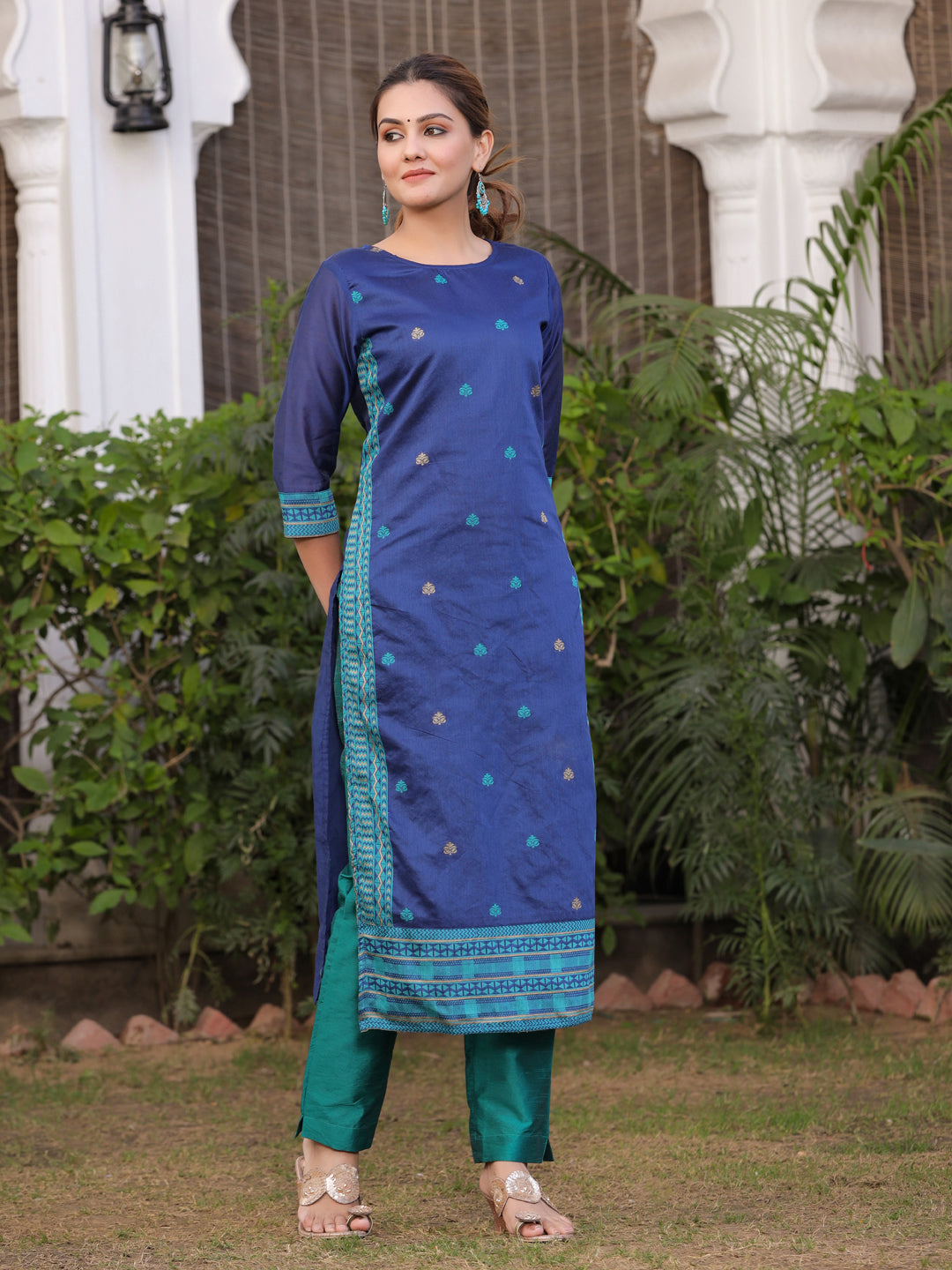 Navy Blue & Green Woven Design Kurta With Trousers & Dupatta