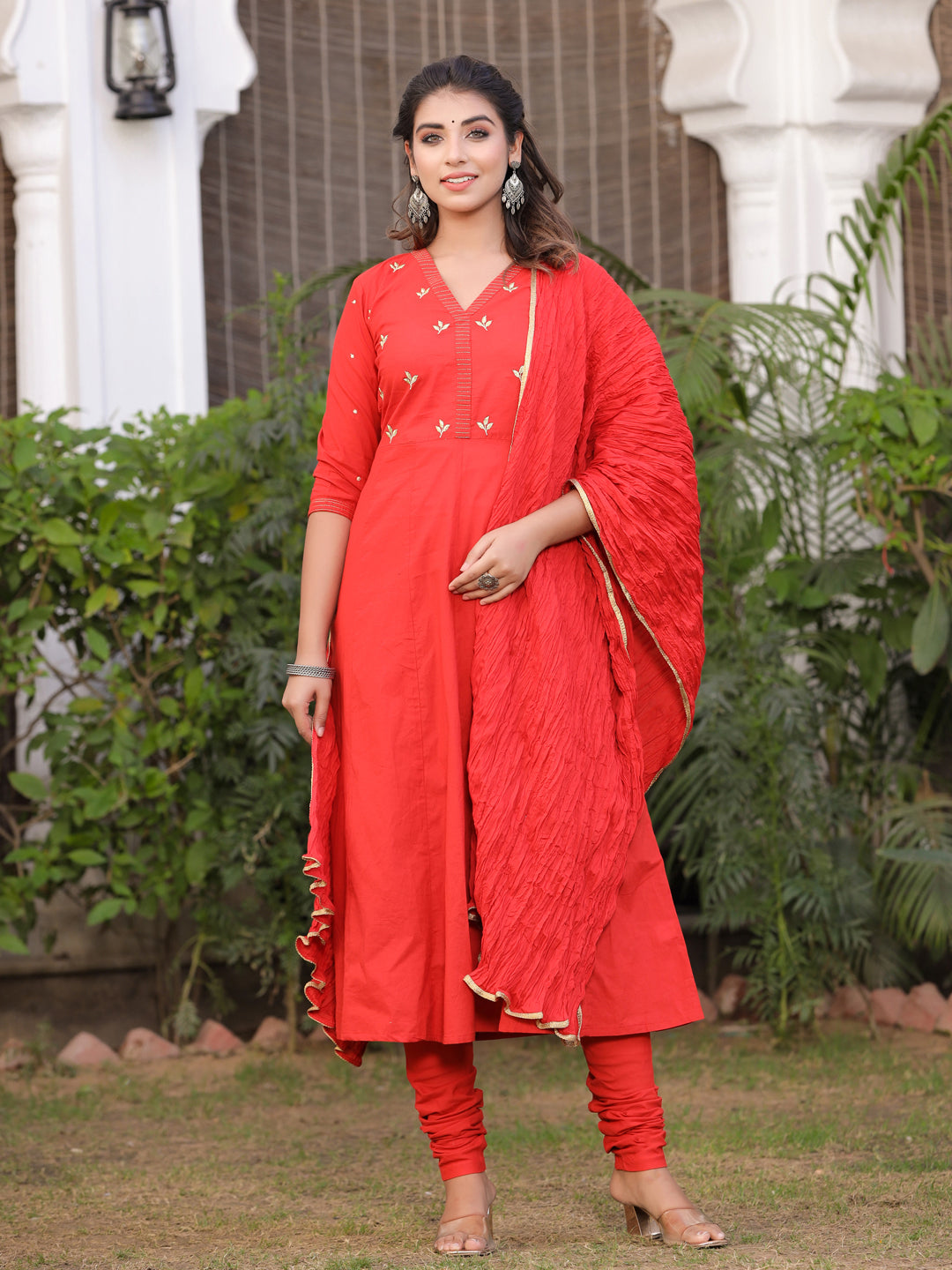 Rust Embroidered Anarkali With Churidar & Dupatta