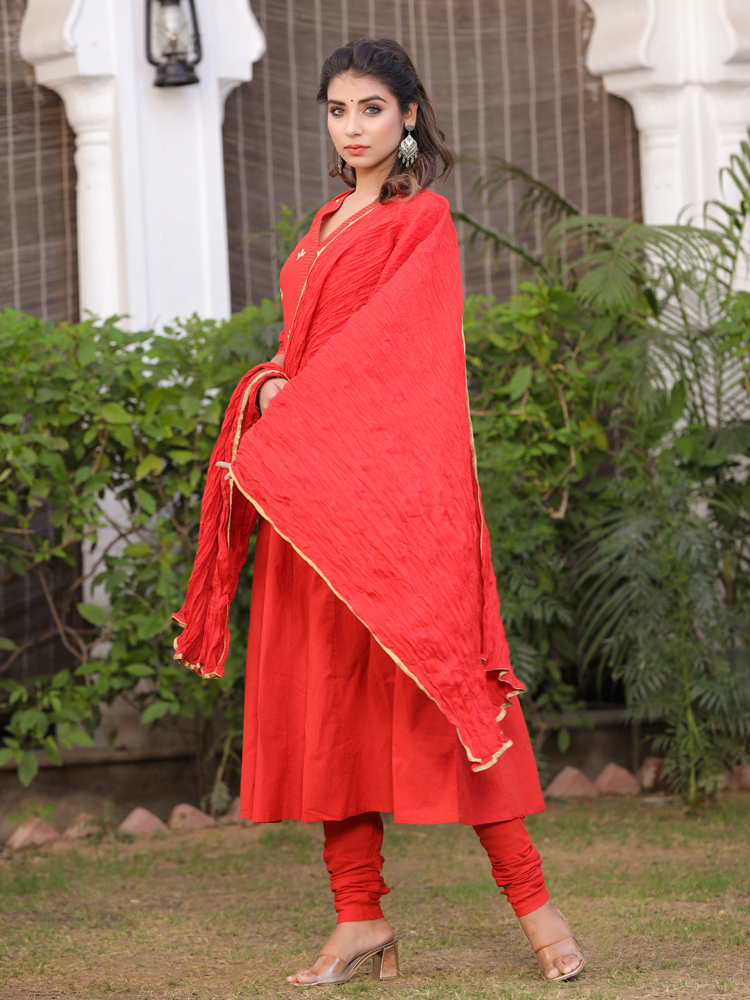 Rust Embroidered Anarkali With Churidar & Dupatta