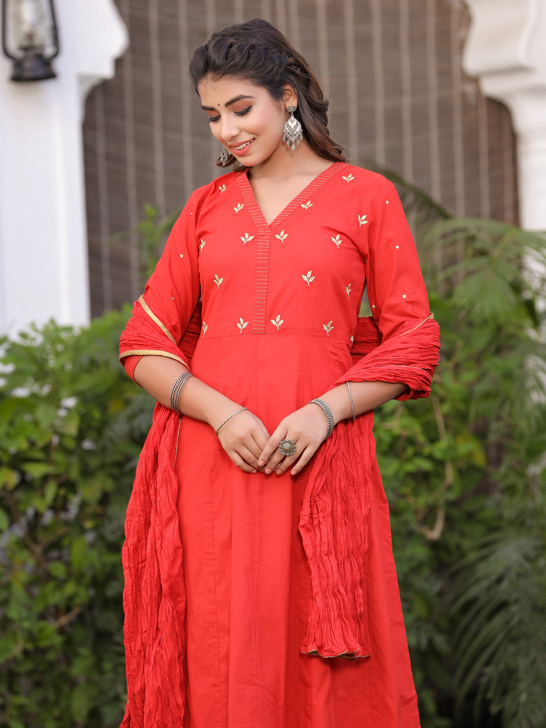 Rust Embroidered Anarkali With Churidar & Dupatta