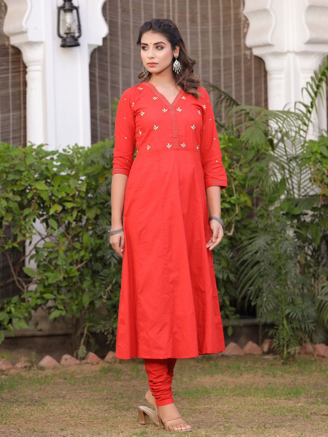 Rust Embroidered Anarkali With Churidar & Dupatta