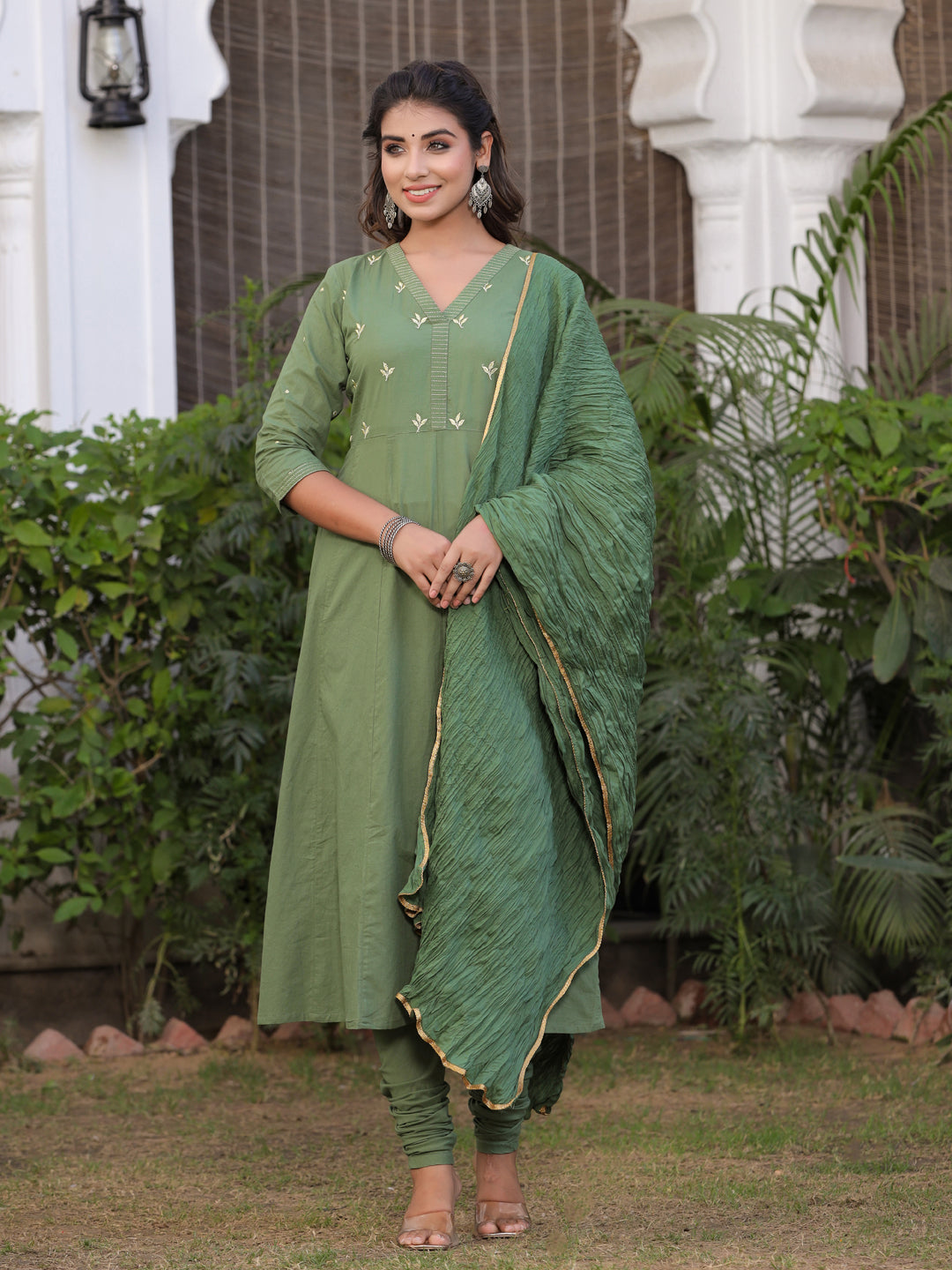 Olive Green Embroidered Anarkali With Churidar & Dupatta