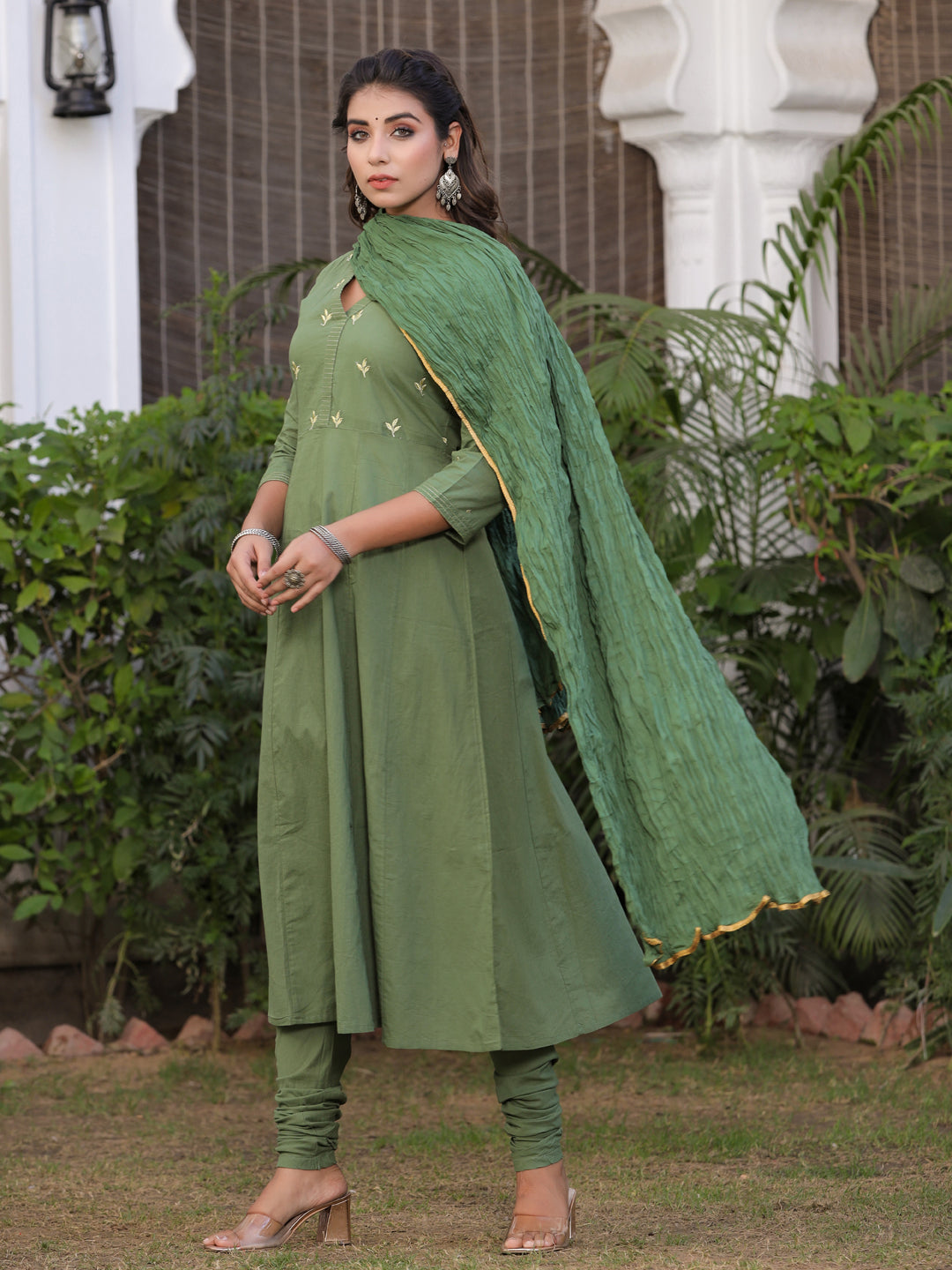 Olive Green Embroidered Anarkali With Churidar & Dupatta